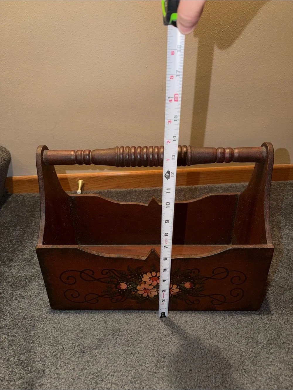 Vintage Wooden Hand-Painted Floral Caddy Storage Magazine Holder Box